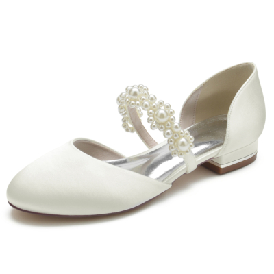 Sandalias planas de boda Mary Jane con correa de perlas y punta redonda de satén marfil