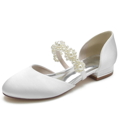 Sandalias de boda planas Mary Jane con correa de perlas y punta redonda de satén blanco