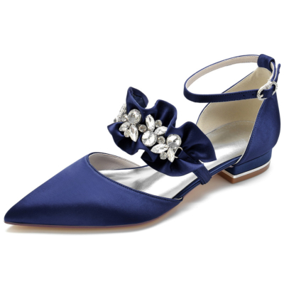 Zapatos planos con volantes de satén azul marino con correa en el tobillo de diamantes de imitación Zapatos planos D'orsay
