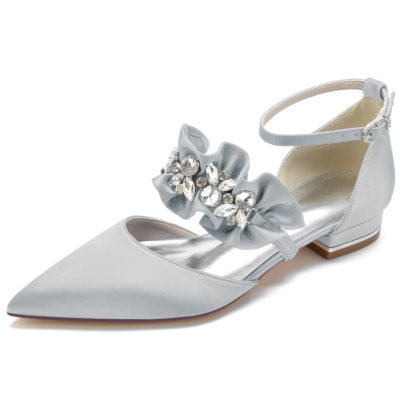 Zapatos planos con volantes de raso gris con correa de tobillo de diamantes de imitación Zapatos planos D'orsay