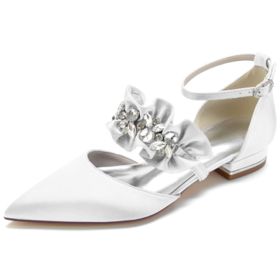 Zapatos planos con volantes de satén blanco con correa en el tobillo de diamantes de imitación Zapatos planos D'orsay