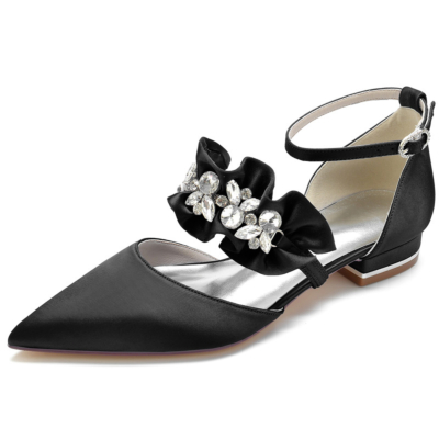 Zapatos planos con volantes de satén negro con correa en el tobillo de diamantes de imitación Zapatos planos D'orsay