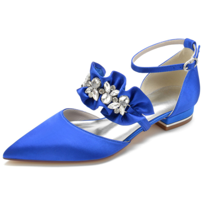 Zapatos planos con volantes de satén azul real con tira en el tobillo de diamantes de imitación Zapatos planos D'orsay