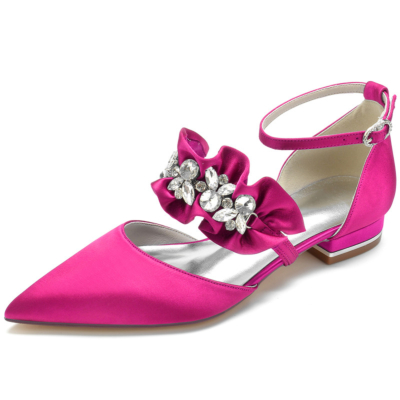 Zapatos planos con volantes de satén magenta y correa en el tobillo con diamantes de imitación Zapatos planos D'orsay
