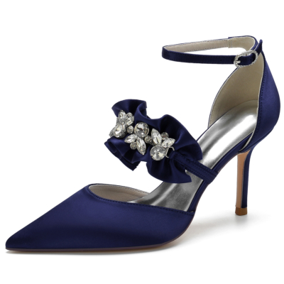 Zapatos de tacón de aguja con punta estrecha y volantes de satén azul marino