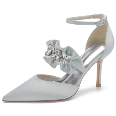 Zapatos de tacón de aguja con punta en pico de diamantes de imitación de satén plateado con correa en el tobillo para boda