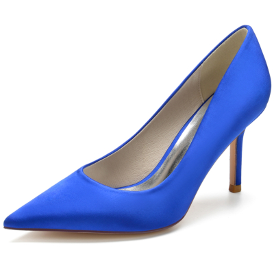 Zapatos de Tacón de Aguja con Punta Sencilla en Satén Azul Real para Mujer