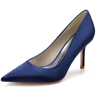 Zapatos de Tacón de Aguja con Punta Sencilla en Satén Azul Marino Mujer