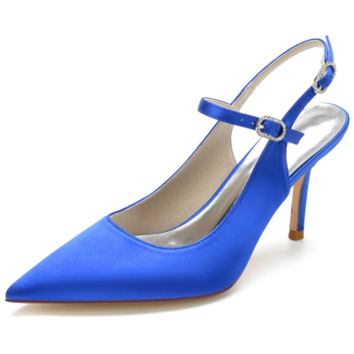 Royal Blue Satin Slingbacks Tacones Zapatos de tacón con punta cerrada para baile