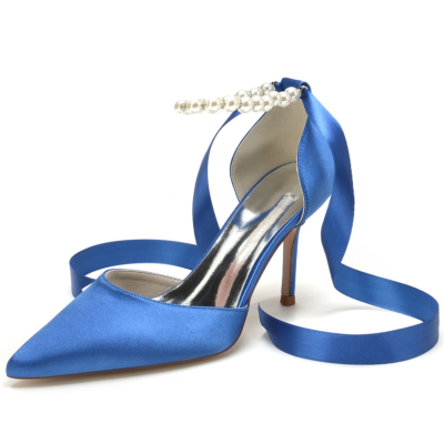 Zapatos de Tacón Alto tipo D'orsay con Correa de Tobillo de Satén Azul Real y Detalle de Perlas con Tacón de Aguja