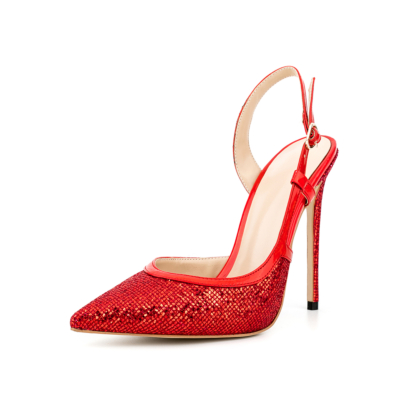 Zapatos de vestir de tacón alto con punta en punta y lentejuelas rojas