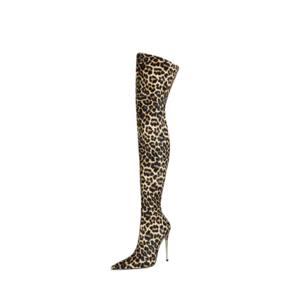 Botas de vestir con estampado de leopardo sexy Bota alta hasta el muslo de tacón alto de 12 cm