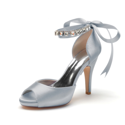Zapatos de boda plateados con lazo y peep toe Sandalias con plataforma y tacón de aguja con correa en el tobillo