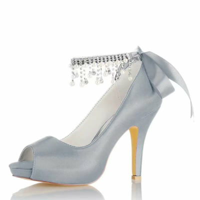Zapatos de boda con punta abierta de satén plateado Zapatos de tacón de aguja con correa en el tobillo Bombas de plataforma
