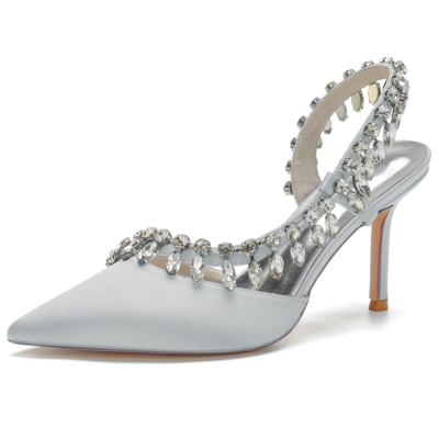 Zapatos de novia con tacón de aguja y punta estrecha con diamantes de imitación en satén plateado