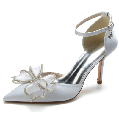 Zapatos de boda de satén plateado, zapatos de tacón de aguja con punta en el tobillo y lazo