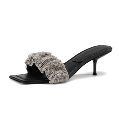 Sandalias de fiesta con tacón deslizante Sandalias con adornos de cristal y punta cuadrada Zapatos en negro
