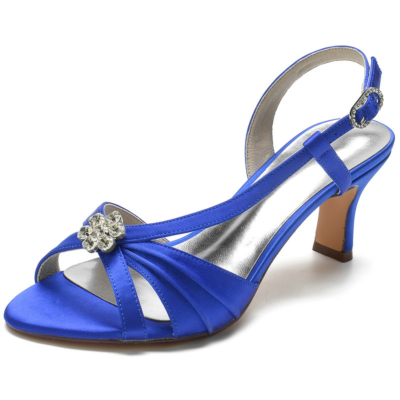 Sandalias de Tacón Alto con Correas tipo Slingback de Satén Azul Real y Detalle de Flor Joya en el Corte