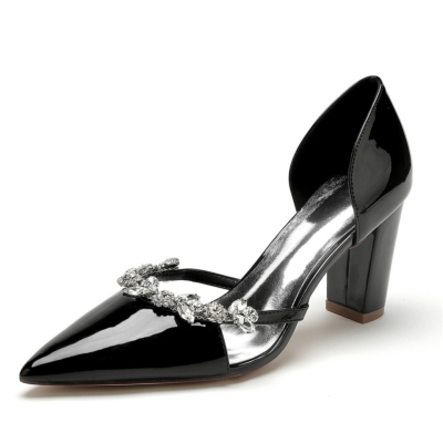 Negro Slip On D'orsay Pumps Zapatos de vestir adornados con diamantes de imitación con tacones gruesos