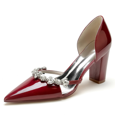 Burdeos Slip On D'orsay Pumps Zapatos de vestir adornados con diamantes de imitación con tacones gruesos