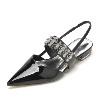Zapatos planos de mulas de boda con correa ancha enjoyada en negro con punta cerrada