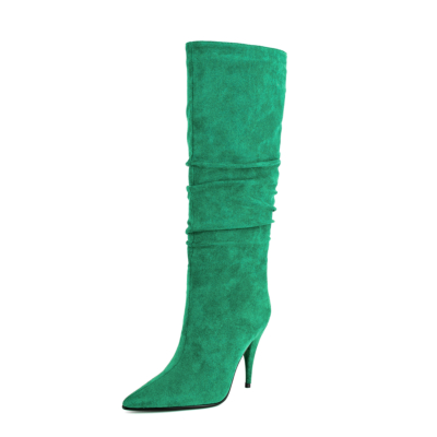 Botas de vestir holgadas verdes Tacón de aguja Punta estrecha Hasta la rodilla Botas