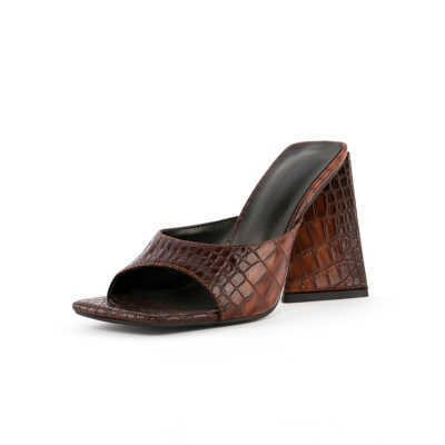 Sandalias de tacón con efecto de serpiente marrón Zapatos de vestir de tacón de bloque de 4 pulgadas