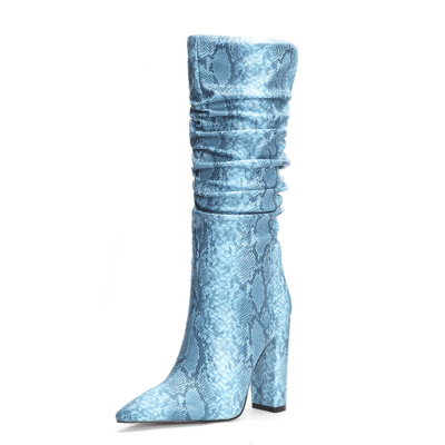 Botas de media pantorrilla holgadas con tacón de bloque y cremallera en relieve de serpiente azul claro