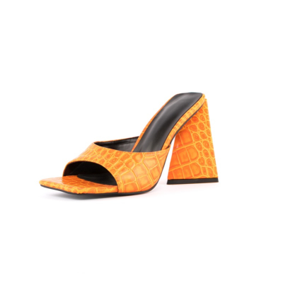 Sandalias de diapositivas con estampado de serpiente naranja Tacones de bloque Sandalias de fiesta sexy con punta cuadrada