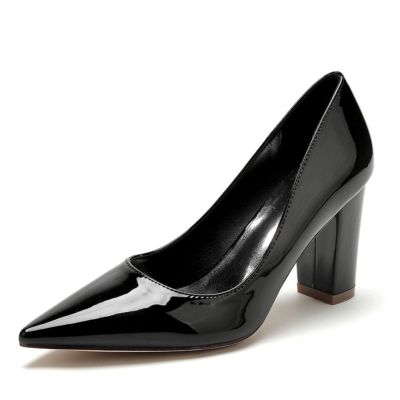 Vestidos de tacón de bloque sólido negro Bombas Zapatos Tacones de oficina con punta en punta
