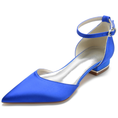 Royal Blue Solid Cómodo Tobillo Correa Plana Satén Punta estrecha Zapatos planos