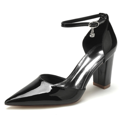 Zapatos de tacón de vestir sólidos negros Correa de tobillo Tacones altos de bloque minimalista D'orsay