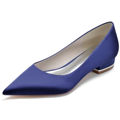 Zapatos planos de satén sólido azul marino con punta en pico cómodos para mujer zapatos planos para el trabajo
