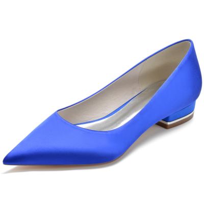 Royal Blue Solid Satin Flats Punta estrecha Cómodos zapatos planos de mujer para el trabajo