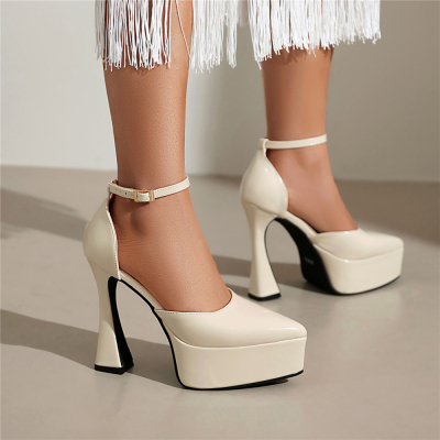 Beige Spool Heels Platform D'orsay Shoes Sandalias con correa en el tobillo y punta cerrada