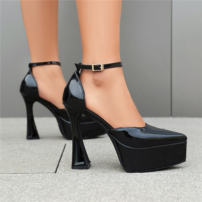 Zapatos de plataforma D'orsay con tacones de carrete negros Sandalias con correa en el tobillo y punta cerrada