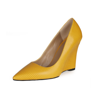 Zapatos de tacón alto con cuña y estampado de serpiente de primavera amarilla, zapatos de trabajo con punta en punta