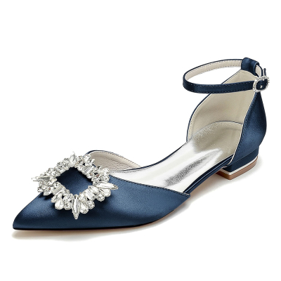 Navy Square Rhinestone Buckle Pointed Toe Ankle Strap Wedding Bride's Flat