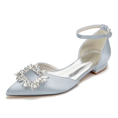 Silver Square Rhinestone Buckle Pointed Toe Ankle Strap Wedding Bride's Flat