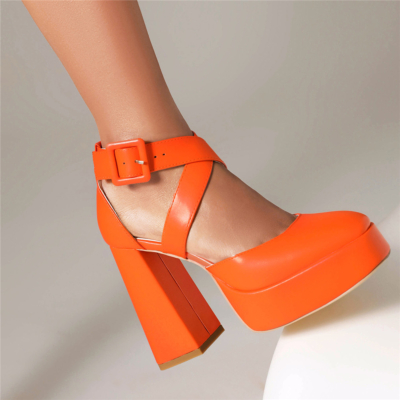 Zapatos Mary Jane de tacón grueso con plataforma cruzada y punta cuadrada naranja