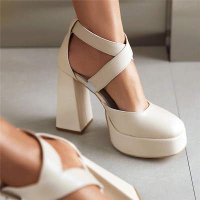 Zapatos Mary Jane blancos con punta cuadrada y plataforma cruzada con tacón grueso D'orsay