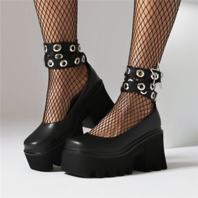 Zapatos plataforma con punta cuadrada Mary Jane tacones gruesos hebilla de estrella envuelta en el tobillo negro