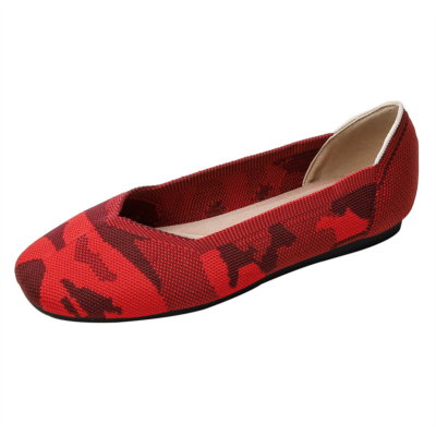 Zapatos planos de mujer de trabajo cómodo con estampado de punta cuadrada y estampado rojo