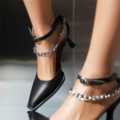 Sandalias con punta cuadrada negra Tacón de carrete Correa en el tobillo Sandalias con cadena Vestidos Zapatos