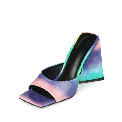 Sandalia deslizante con punta cuadrada morada 2022 Spring Gradient Block Heel Shoes