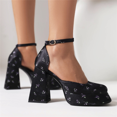 Zapatos Mary Jane de tacón grueso con plataforma y puntera cuadrada, florales, negros, vestidos vintage, tacones
