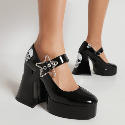 Zapatos góticos con estampado de calavera y tacones gruesos Mary Jane de plataforma con hebilla Stark de charol negro