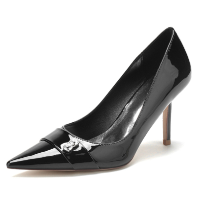 Zapatos de tacón de aguja negros Zapatos de diamantes de imitación redondos Zapatos sólidos para el trabajo