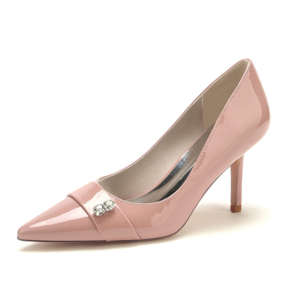 Zapatos de tacón de aguja rosa, zapatos de diamantes de imitación redondos, zapatos sólidos para el trabajo