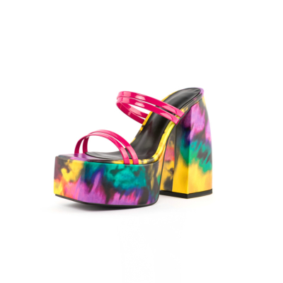 Sandalias de plataforma gruesa con tiras de colores del arco iris Vestidos de punta cuadrada Sandalias de mulas